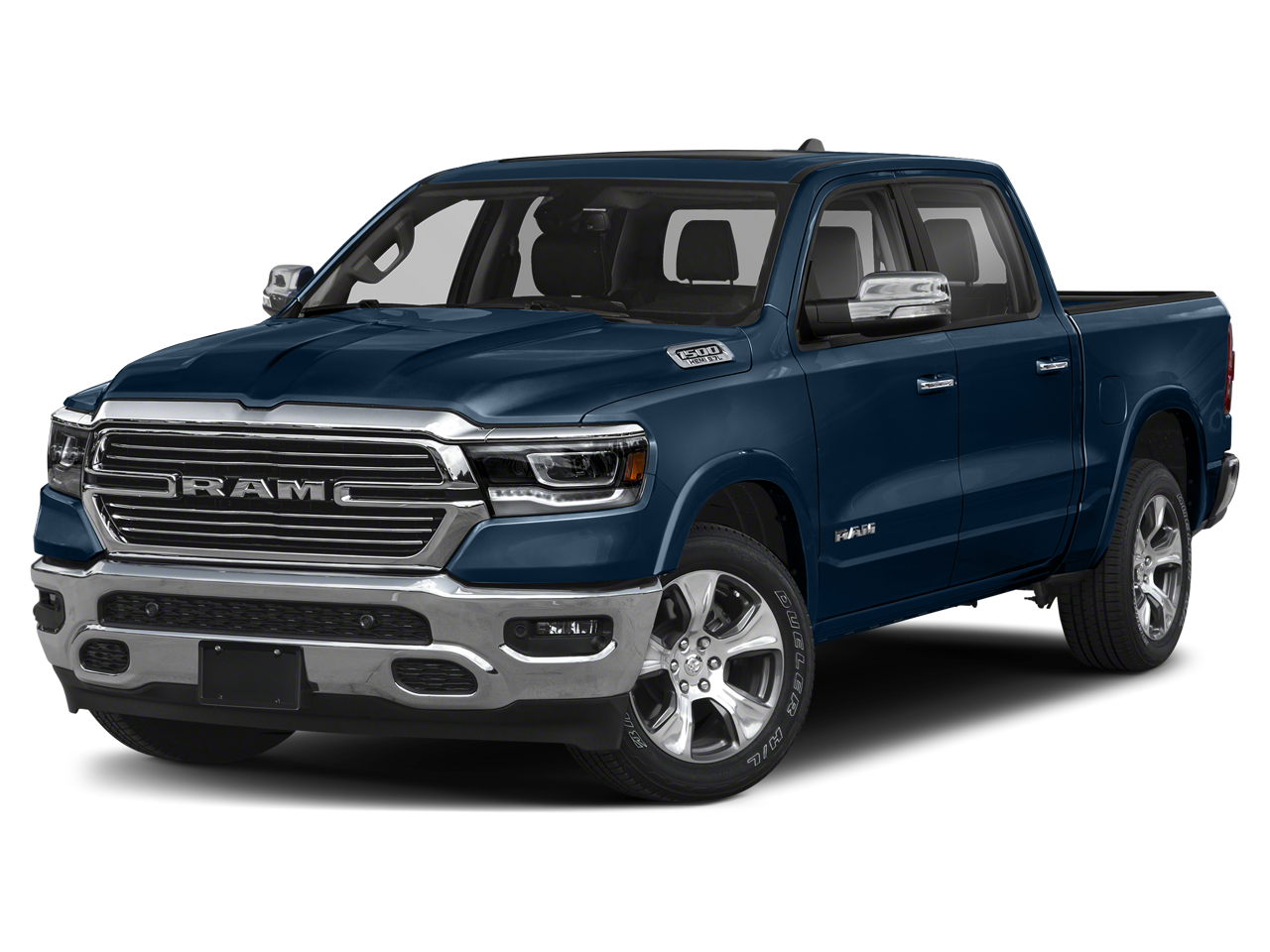 2021 RAM 1500 Laramie in Patriot Blue Pearlcoat — front three-quarter view